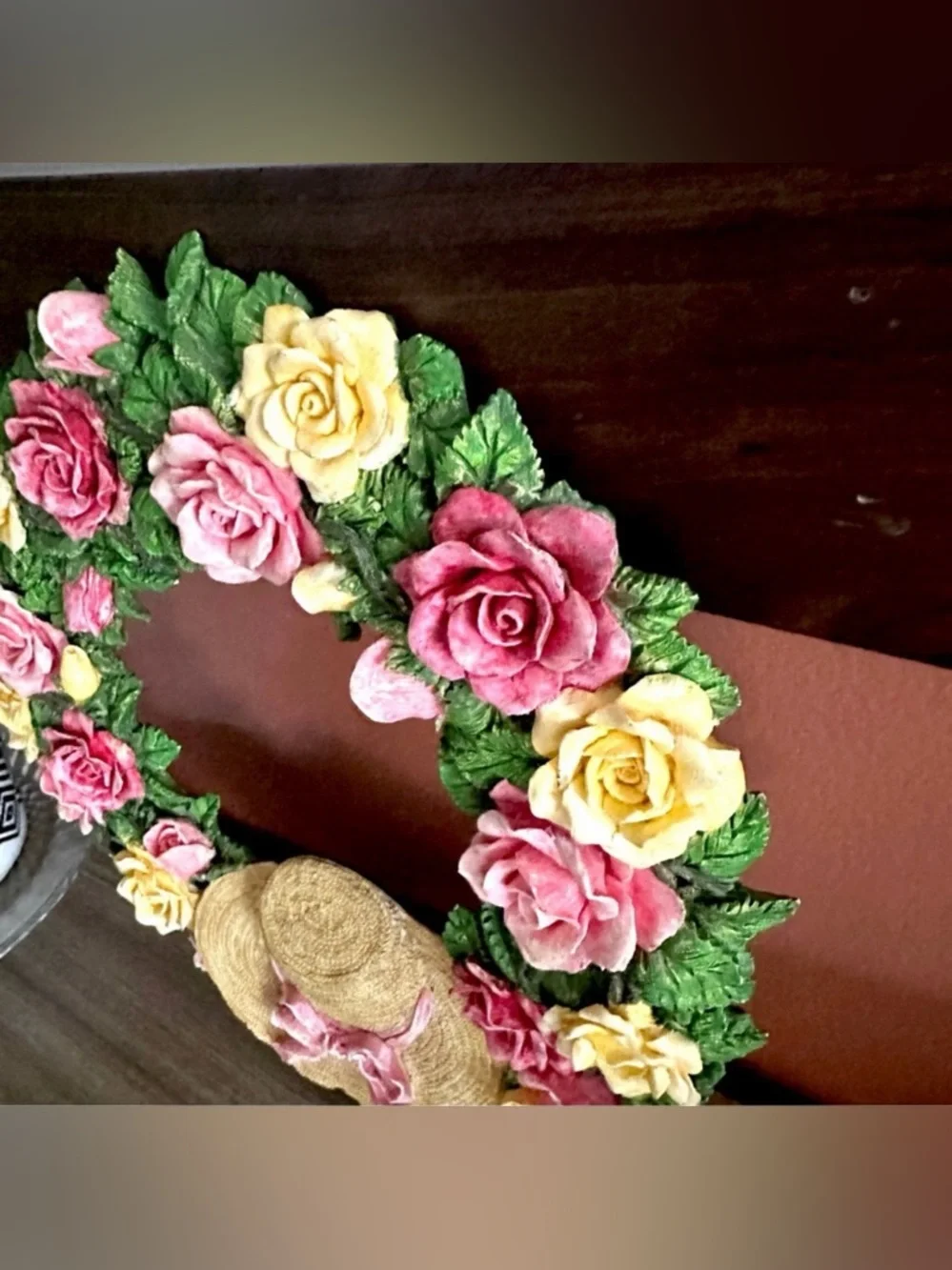 Vintage Roses & Hat Ceramic Wreath Door Hanging Plaster Handpainted Cottage Boho